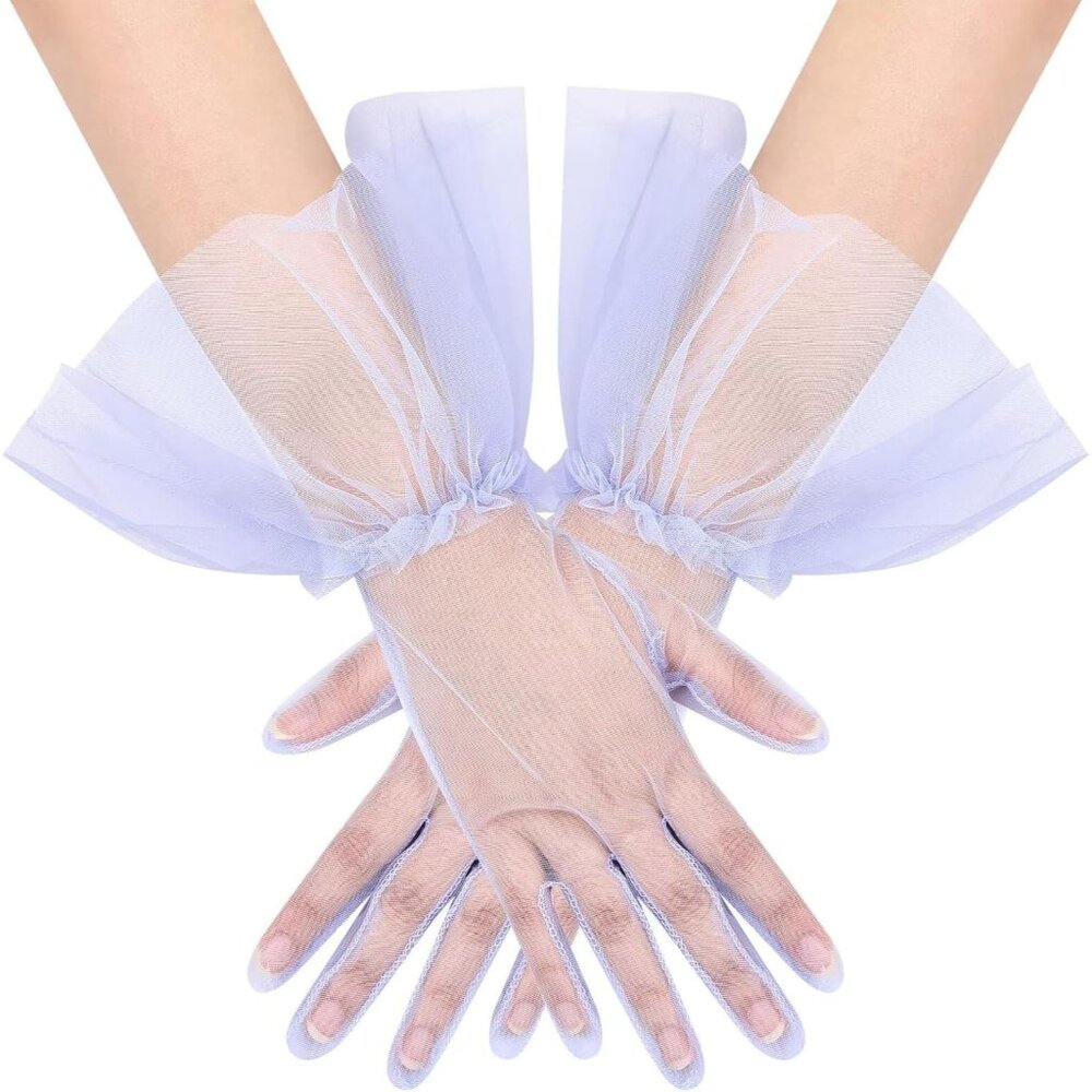 Women's Short Lavender Tulle Mesh Puffy Ruffle Gloves Wedding Party Prom Costume